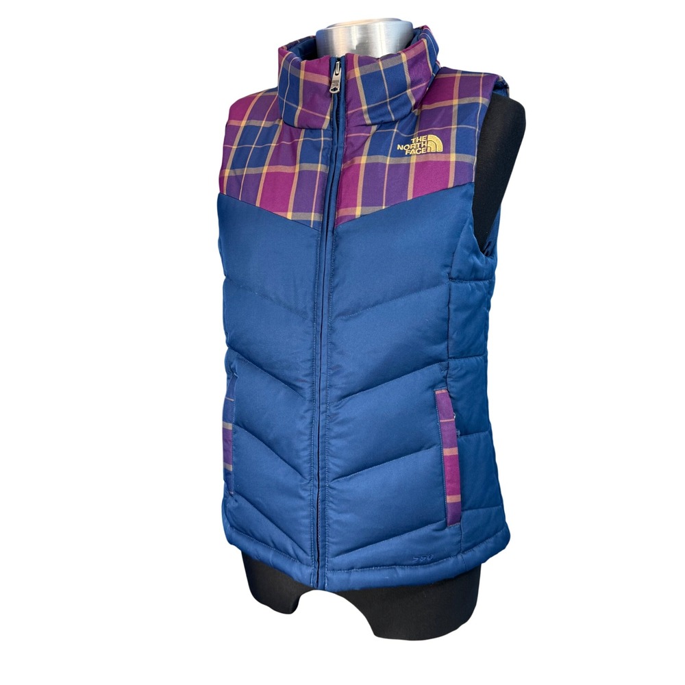 The North Face Women's Plaid‎ Puffer Vest Blue Purple Gold Padded Gilet Size XS - Picture 7 of 10